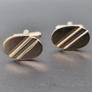 Vintage Gold Tone Oval Cufflinks Diagonal Stripe Mid Century Modern Geometric